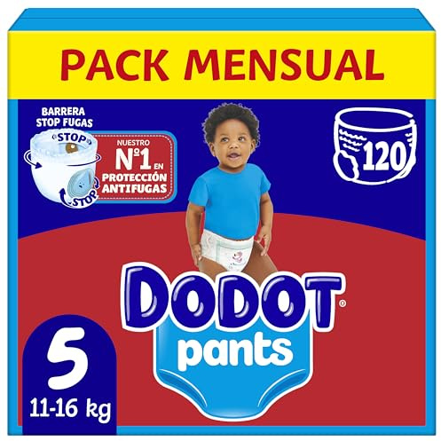 Dodot Bebé Pants Pañales, Talla 5, 11-17 kg, 120 Pañales, Pañal-Braguita con Ajuste 360° Anti-Fugas, Pack Mensual