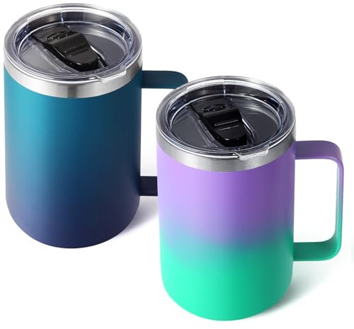 Volhoply 470ml Kaffee-Thermobecher, doppelwandiger Vakuum-isolierter Edelstahlbecher mit Griff, lebensmittelechter 18/8-Edelstahl,hält Getränke heiß und kalt für Camping,Büro(Gemischte Farben,2er-Set)