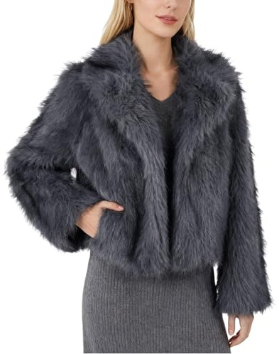 Amazhiyu Cappotto di pelliccia da donna in pelliccia sintetica, cappotto in pelliccia sintetica, giacca in pelliccia, giacca corta, giacca invernale, finta pelliccia, con tasche, grigio., S