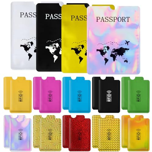 OUZRETUCU Juego de 24 fundas de bloqueo RFID, 20 fundas protectoras para tarjetas de crédito y 4 soportes protectores para pasaporte para viajes, mujeres y hombres, coloridas, delgadas, impermeables