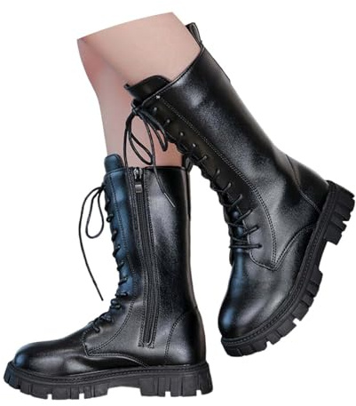 Stivali da bambina con fodera in pile, stivali da equitazione da ragazza, in pelle, con chiusura lampo laterale, eleganti, antiscivolo, caldi, autunnali, 1 2 Nero, 37 EU