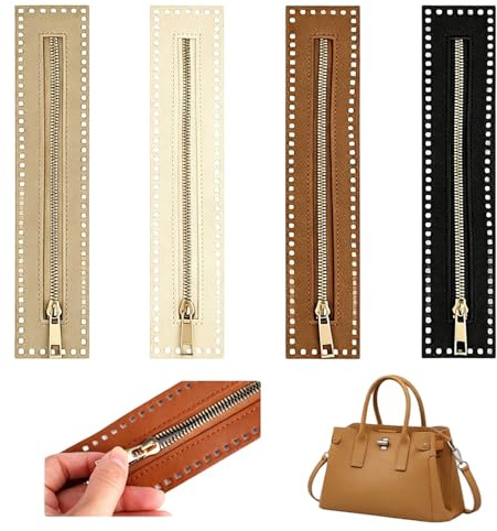MNYXIS 4 Pezzi Chiusura Borsa Uncinetto, cerniere per borse uncinetto in Pelle PU con Fori, chiusure per borse uncinetto,27cm Cerniere Lampo per Borse Fai da Te e Cucito (Cachi, Marrone, Bianco, Nero)