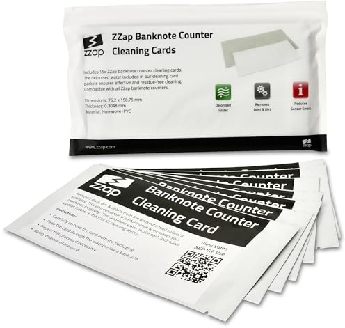 ZZap Banknote Counter Cleaning Cards - 15x Cleaning Cards - Deionised Water for Effective Cleaning - Removes Dust & Dirt - Reduces Sensor Errors - Compatible with All ZZap Banknote Counters