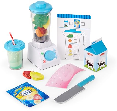 Melissa & Doug Smoothie Maker Blender Set – 22-Piece Wooden Pretend Play Kit with Fruits, Vegetables & Blender – Interactive Kitchen Toy for Kids Age 3 Plus