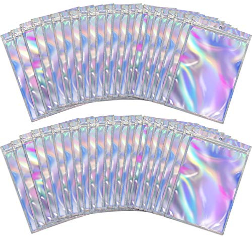 BQTQ 150 Pièces Sacs Refermables Anti-Odeur Sachets Refermables Zip Sac Aluminium Pochettes pour Stockage des Aliments (Couleur Holographique, 10 * 15cm)