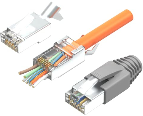 RJ45 Stecker Cat7 Cat6A Netzwerkstecker Pass Through RJ45 Crimp Stecker geschirmt mit Zugentlastung Knickschutz Tülle Grau Einführhilfe für Verlegekabel Cat 7 Cat6a AWG23 8 polig Plug (10 Stück)