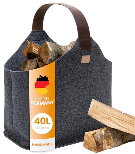 Filz Holzkorb für Kaminholz [60 L] - Made in Germany - Kaminholzkorb aus rPET Filz - Echtleder Henkel und Pflegeleichter Boden - Filzkorb Kaminholz 2 Aufsatztaschen easy and green® (Anthrazit)