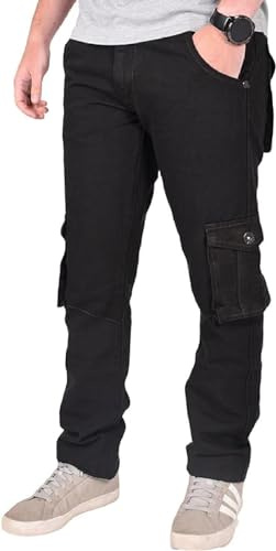 True Face Mens Jeans Cargo Combat Denim Regular Fit Trouser Casual Multipocket Bottoms Zip Fly Pants Jet Black 38W / 32L