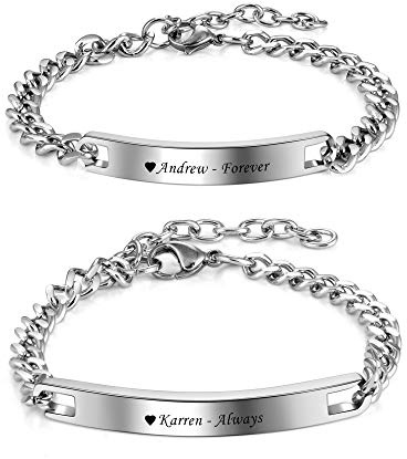 Zysta Bracciale Identificativo Personalizzato Nome Inciso per Coppia, Bracciale con Ciondolo ID Incisione Personalizzabile per Amiche, Regalo per Lui e Lei Fidanzati Anniversario (Argento)
