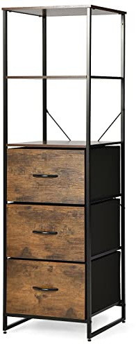GIANTEX Aufbewahrungsschrank Industrie-Stil, Beistellschrank Kommode mit 3 Schubladen, hoher Aufbewahrungsturm Standregal Bücherregal, Küchenschrank Wohnzimmerschrank 43x39x156cm