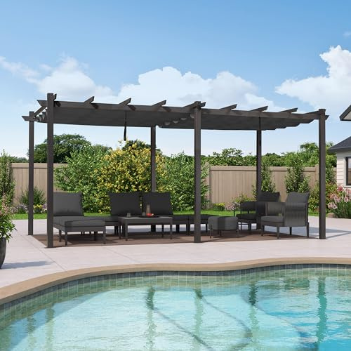 PURPLE LEAF Gazebo Pergola 3,5 x 5,5 M Alluminio Pergolato da Giardino con Tetto ha Scomparsa Per Giardino Pergolati Terrazzo e Attività Commerciale, Grigio chiaro