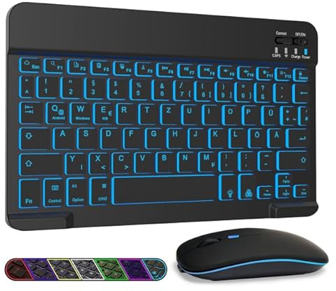 LAMA Kabellose Bluetooth Tastatur & Maus, wiederaufladbare dünn Universal Tablet Tastatur, kompatible mit iPad/Tablet/iOS/Android/Windows Laptop/Computer, Deutsches QWERTZ-Layout, Schwarz Beleuchtet
