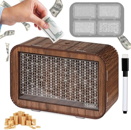 Giftota Wooden Money Box 4 IN 1 10000 5000 3000 1000 Pound Saving Challenge, Money Tin Bank Saving Challenge Box Cash Birthday Gift