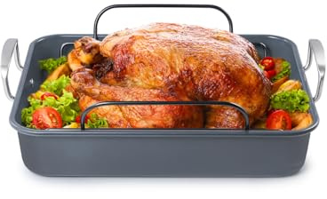 BLACK+DECKER Large Turkey Roasting Pan with Rack, 0.8mm Carbon Steel Baking Pan with Ceramic Non-Stick Coating, Cooking Pan for up to 24 lb. Turkey, U-Shaped Rack Included, Stainless Steel Handles