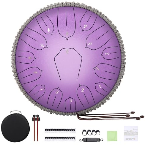 Musfunny Tambour à langue en acier à 15 notes – 30,5 cm de diamètre – D majeur – avec baguettes, sac et protège-doigts – Handpan pour adultes – Instruments de percussion pour l'éducation musicale et