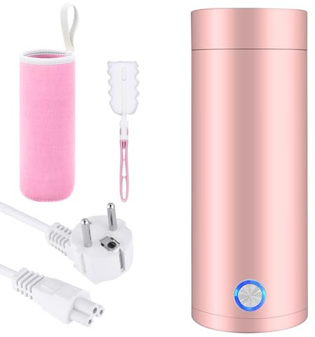 Tragbarer Wasserkocher, 400ml Mini Reisewasserkocher, 3 in 1Reise-Elektrisch-Wasserkocher Weiß mit Automatischer Abschaltung, 304 Edelstahl-Liner Mini-Heizbecher für Kaffee und Teezubereitung (rosa)