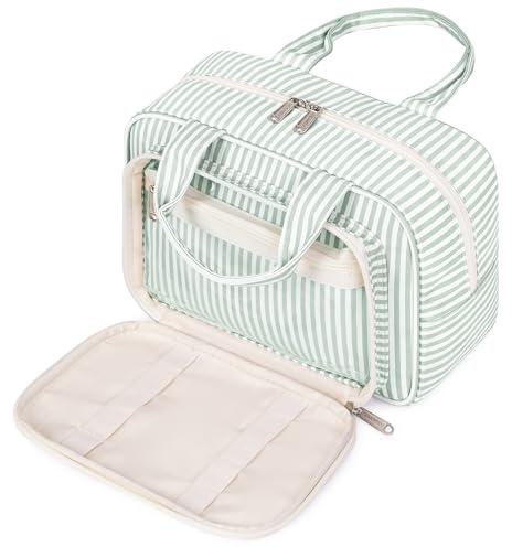 Narwey Full Size Toiletry Bag Large Wash Bag Makeup Bag Travel Organizer Cosmetic Bag for Women (Mint Green Stripe)