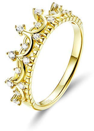 Sterling Silver Smycken Äkta 925 Sterling Silver Prinsesskrans Guldfärg Kronringar för Kvinnor Bröllop Ring Smycken, 8, Rostfritt stål, Safir
