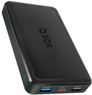 SBS PowerBank 10K Slim, 10.000 mAh, Power Bank con Carga rápida, Carga Inteligente (IC), LED de Carga, 1 x USB-C, 2 x USB-A, Cargador portátil de Viaje, diseño Compacto, Negro