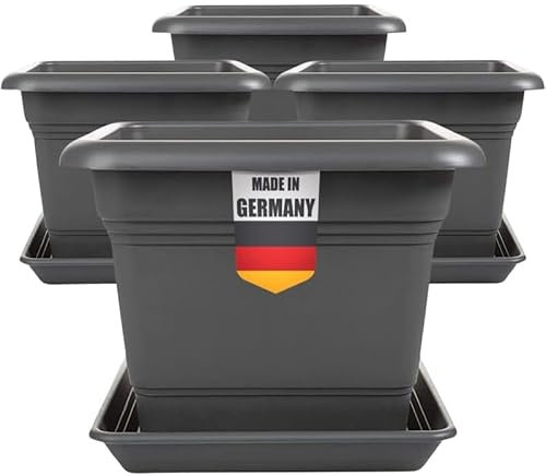 SUSTANIA Lot de 4 pots de fleurs - Grand format - Avec soucoupe - 28 x 28 cm - Carré - 16 l - Grand pot à plantes extérieur - Fabriqué en Allemagne - Anthracite