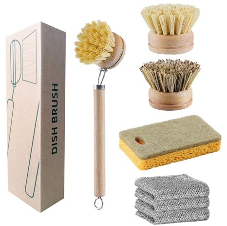 LIANRISES Cepillo Cocina Madera Bambu Platos Limpieza, Cepillo Lavavajillas, Ecológico Natural, 1 Mango Y 3 Cabezas De Reemplazo, 1 Esponja Y 3 Trapos Cocina