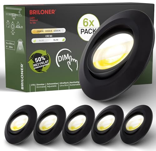 BRILONER - Lote de 6 focos empotrables LED 230V Carcasa 50% reciclado, Regulable, Orientable, Ra90, Cambio de temperatura de color, LED spot, plano, 68mm, 90x24mm (DxH), Negro