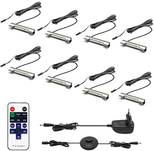 HURYEE Glasbodenbeleuchtung LED Vitrinenbeleuchtung LED mit Fußschalter und RF-Fernbedienung, Clips Kaltweiß Glaskantenbeleuchtung Dimmbar für Glasvitrine, Vitrinen, Regale, Tisch, Displays 8er Set