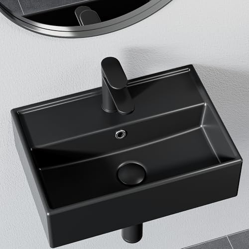 HOROW Ceramic Bathroom Wash Basin(45 * 31 * 13cm) - Countertop/Wall-Mounted Rectangular Sink (Black)