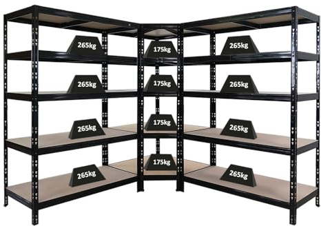 PROREGAL Mega Deal Tiger Black 1x étagère d'angle + 2X étagères Robustes 180x120x60cm Noir avec Charges d'étagère 175 + 265 kg Étagère de Rangement Étagère d'atelier