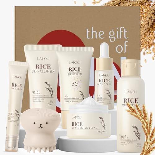 LAIKOU Riso Kit Cura Della Pelle Donna, 5 Pezzi Prodotti Skincare al Riso, con Detergente Tonico Contorno Occhi Siero Crema Idratante Protezione Solare, per Idratazione Nutrimento Cura Quotidiana