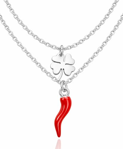 DEIMODRA Collana con Quadrifoglio e Corno Donna Acciaio, Ciondolo Cornetto Rosso Portafortuna, Simbolo Porta Buona Fortuna, Color Argento