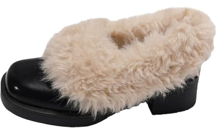 RBCYC Donna Retro Pump Fluttuato Mary Jane Scarpe in pelliccia sintetica Slip On Loafer Chiuso Punta Quadrata Tacco Chunky Concerti Vestito Inverno, Nero , 39 EU