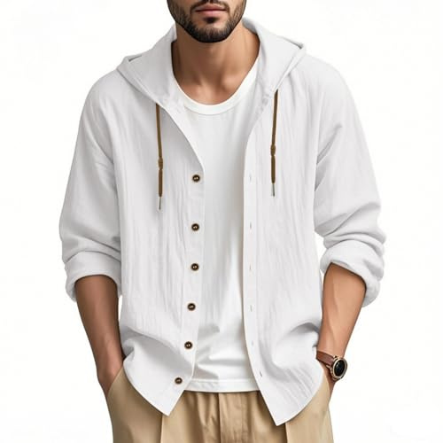 Camisa con Capucha para Hombre Blusa Informal de Manga Larga con Botones Camisa con Capucha Ligera y Holgada para el día a día