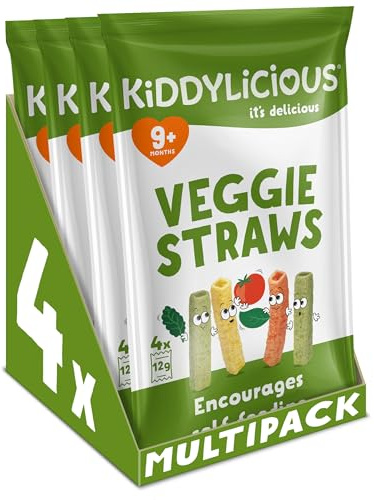 Kiddylicious Veggie Straws | Deliciosos Snacks para Bebés | Apto a Partir de 9 Meses | 4 Paquetes de 48g (4 Bolsas de 12g por Paquete) | 192g