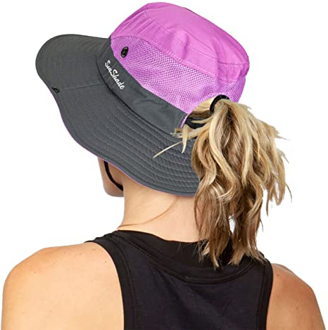 Women's Outdoor UV-Protection-Foldable Sun-Hats Mesh Wide-Brim Beach Fishing Hat with Ponytail-Hole