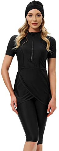 Odizli Burkini Damen Muslim Frauen Muslimische Bademode Modest Tankini Islamisch Arabisch Jilbab Kurzärm Schwimmoberteile+Schwimmhose+Hijab Khimar 3tlg Ganzkörper Neoprenanzug Schwimmanzug Schwarz M