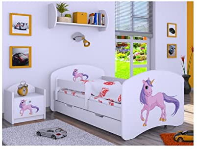 BDW Kinderbett mit Matratze und Bettkasten - NEU, 140/160/180/190 Verschiedene Motive Für Junge Weiß (Einhorn, 190x90)