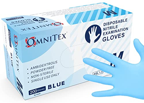 Omnitex Box 200 Premium Disposable Blue Nitrile Gloves | Powder Free | Latex Free | Ambidextrous | Food Safe | Examination Non Sterile | CE & UKCA Cat3 grade (XL)
