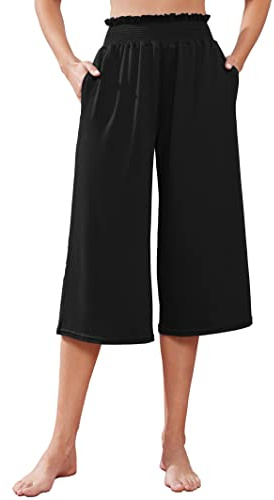 Famulily Ladies Summer Stretchy High Waist Cropped Trousers Yoga Wide Leg Lounge Pants with Pockets
