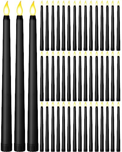 Lot de 48 bougies effilées sans flamme, 27,9 cm à DEL en fausse cire, fausses bougies en vrac à piles vacillantes pour Halloween, Noël, fête de mariage (noir)