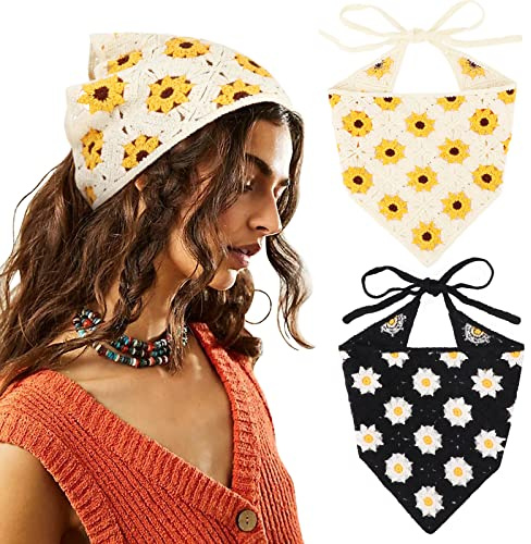 DRESHOW 2 PCS Crochet Hair Bandana Vintage Knotted Headscarf Strawberry Print Headband Knitted Head Kerchief for Women Girls