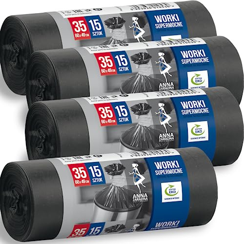 Anna Zaradna Soppåse 35 l superstark storpack 60 stycken - 60 x 49 cm 23 µm 100% återvunnet gummi EuCertPlast - traditionell förslutning perfekt för kontor hållbar