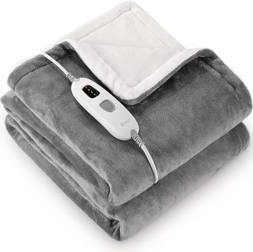 CURECURE Electric Blanket Heated Throw 130 x 180cm Soft Flannel with 4 Heating Levels & 9 Hours Auto Off, Fast & Evenly Heating, Machine Washable & Home Office Use, Light Gray