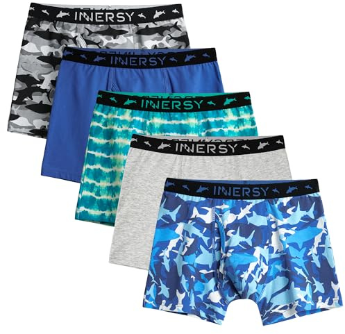 INNERSY boxershorts i bomull för pojkar med fluga, mjuka retroshorts, underkläder, 5-pack