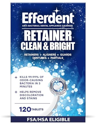 Efferdent Retainer Cleaner Tablets for Aligners, Mouth Guards & Night Guards, Clean & Bright, 120 Count, 3-Minute Daily Retainer Cleaner, Tough Stain & Odor Remover for Dental Appliances