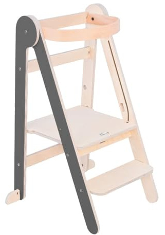 MamaToyz Folding Learning Tower, Dark Grey/Natural, Natural Beech Wood
