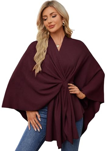 PULI Dam elegant poncho stickad ponchos capes öppnas fram mångsidig sjal med flik, Burgund, One Size