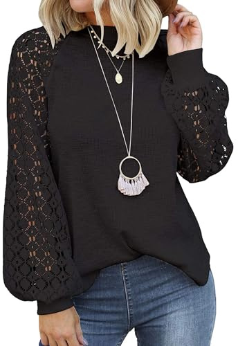 Zeagoo Chemisier élégant pour Femme Col Rond Manches Longues Haut uni Chemise Chemisier Tunique en Dentelle avec Manches Lanterne
