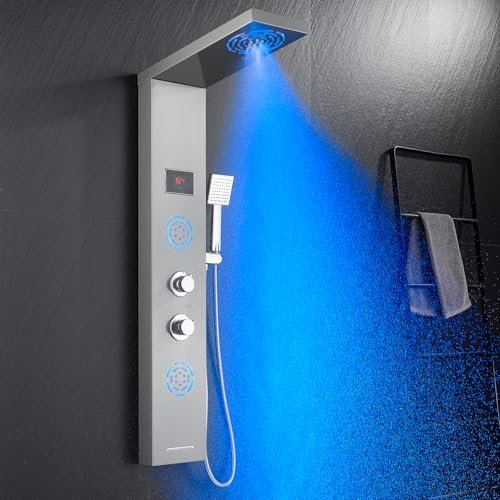 POPFLY Shower Panel Tower with LED Mist Shower Rainfall Head ＆ 2 Body Jets with LED, Tub Spout and Temperature Display, No Battery Needed Shower Tower Column System, Brushed