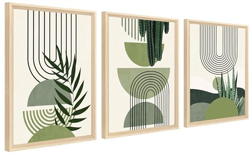 3 Pcs Abstracto BotáNico Hoja Verde Marco de Madera Cuadro Moderno Línea Geométrica Beige Verde Lienzo Decorativos Pintura Imagen Cuadros Decoracion Salon Dormitorios Baño 30cmx40cmx3 (Sin PlexigláS)